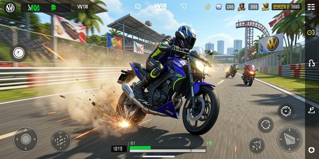 Screenshot VW108 menunjukkan aksi balapan motor yang mendebarkan.